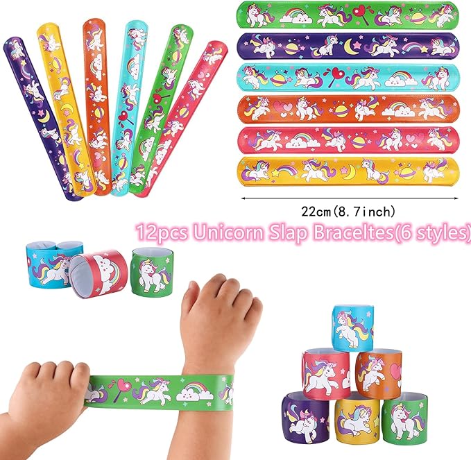 Unicorn Party Favors Supplies for Kids Birthday Gift Bags Including Slap Bracelets Mask Rings Keychains Stamps Tattoos Stickers (Unicorn A, Count, 1)