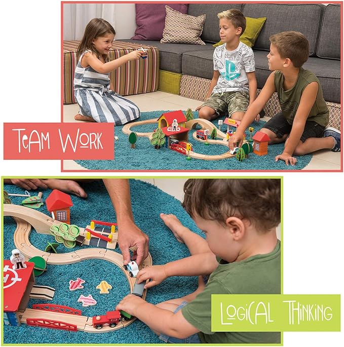 Wooden Train Set - 69 Pieces Wooden Train Tracks & Trains for Kids, Toddler Boys and Girls 3,4,5 Years Old and Upā Premium Wood Construction Toys -Fits Thomas, Brio, IKEA, Melissa and Doug