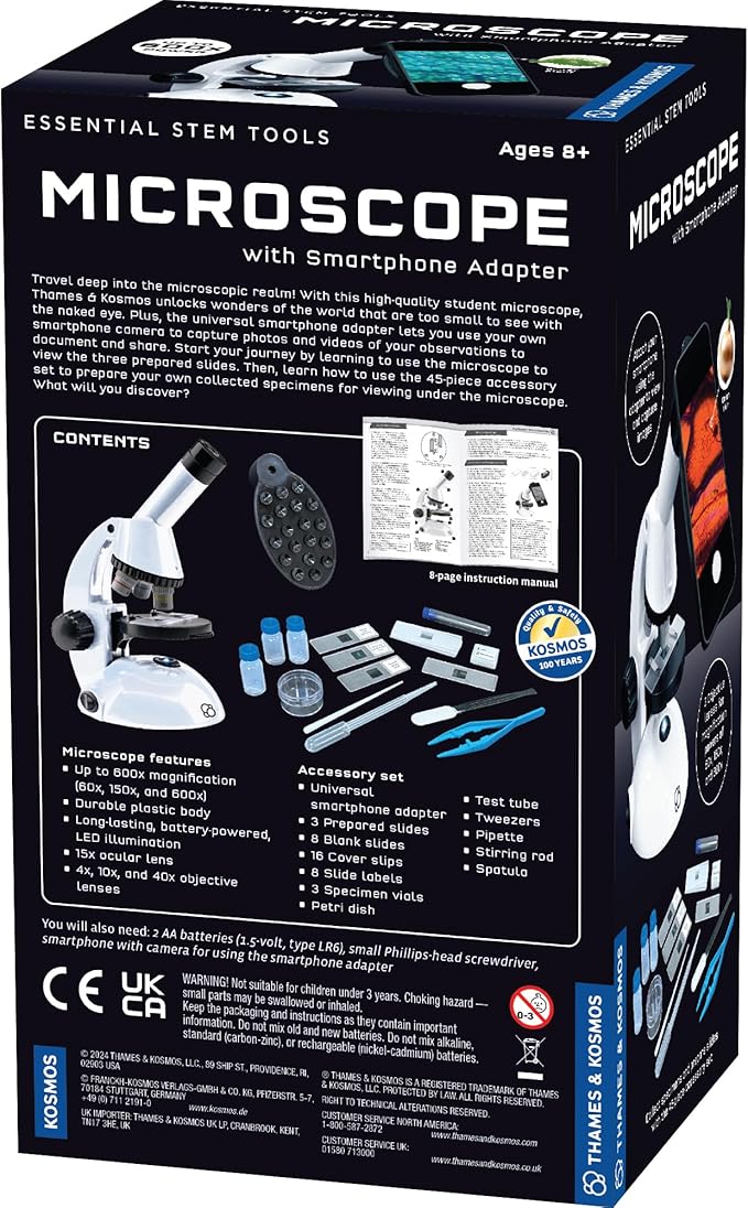 The Thames & Kosmos Microscope Essential STEM Tool with Smartphone Adapter to Capture & View Microscopic Images, Entry-Level Student Science Device, 60x to 600x Magnification & 45 Accessories