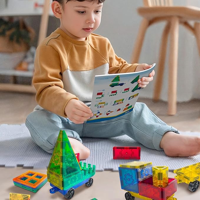 Official Disney Junior Mickey Train Magnetic Tile Set – 41-Piece STEM Building Kit with Wheeled Base Cars, Reusable Stickers & Learning Workbook – Educational Toy for Kids Ages 3+