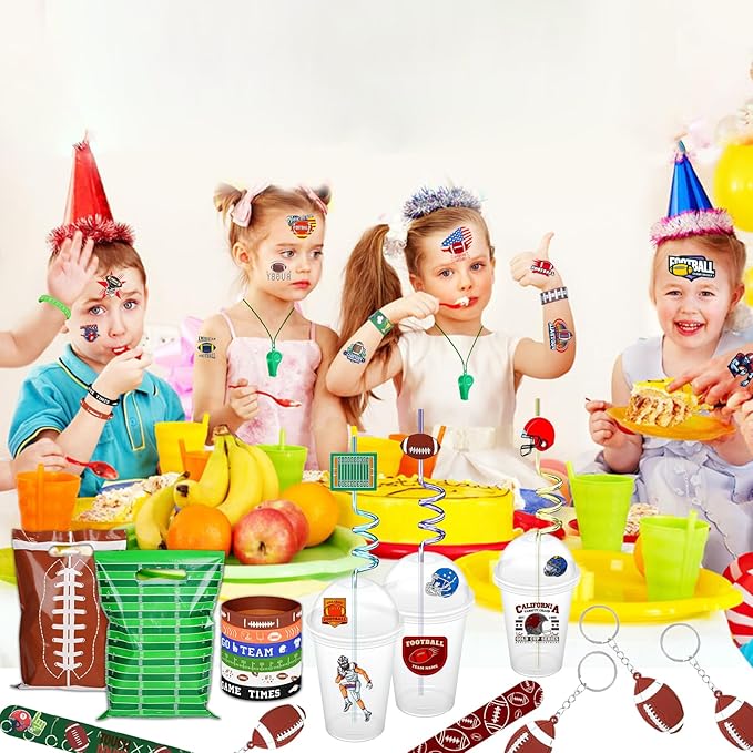 134 Pcs Football Party Favors Set 12 Silicone Bracelet 12 Whistles 12 Keychains 12 Slap Bracelet 12 Tattoo Stickers 12 Plastic Straws 12 Gift Bags 50 Football Stickers for Football Party Supplies