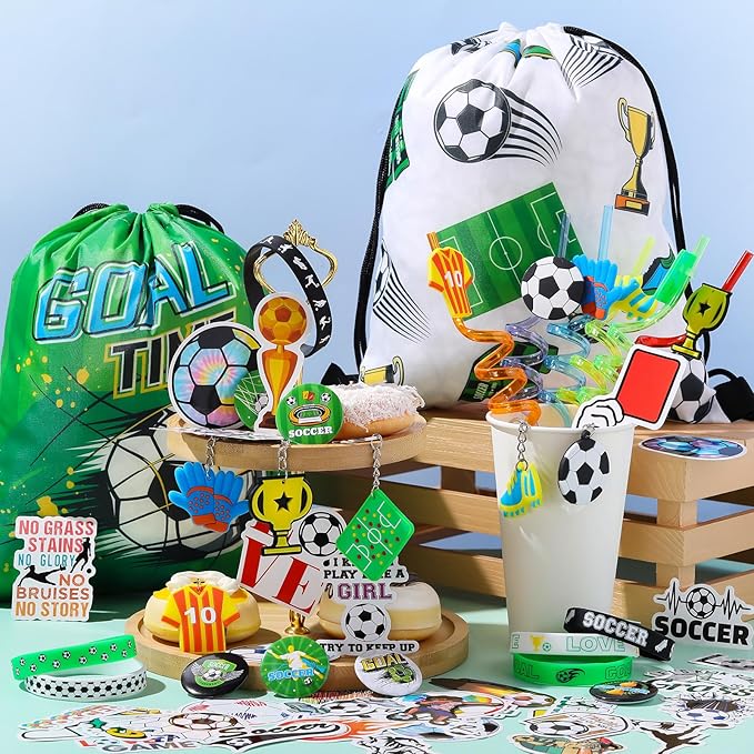 Sadnyy 140 Pcs Soccer Party Favors Birthday Party Decorations Supplies Drawstring Bags with Silicone Bracelets Keychains Straws Button Pins Stickers for Classroom Rewards Goodie Bags Stuffers