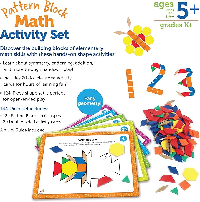Learning Resources Pattern Block Math Activity Set, Math Games for Kids, Educational Games, Preschool Math, Montessori, 144 Pieces, Age 5+