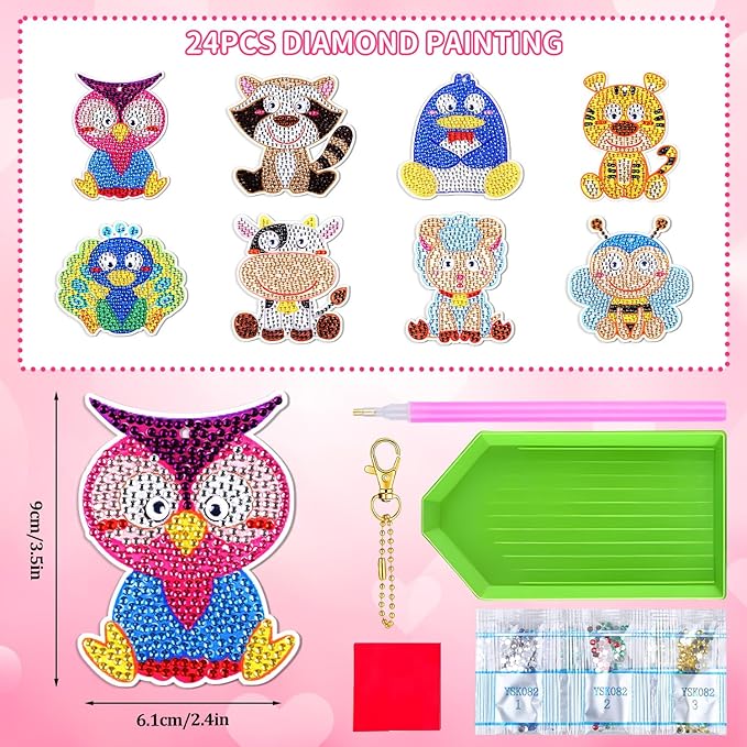 MOVINPE Bulk Valentines Day Craft Gifts for Kids Classroom Bulk, 24 Pack 5D Diamond Art Painting Keychains with Greeting Cards, School Prizes, Exchange Gift, Party Favors for Toddlers