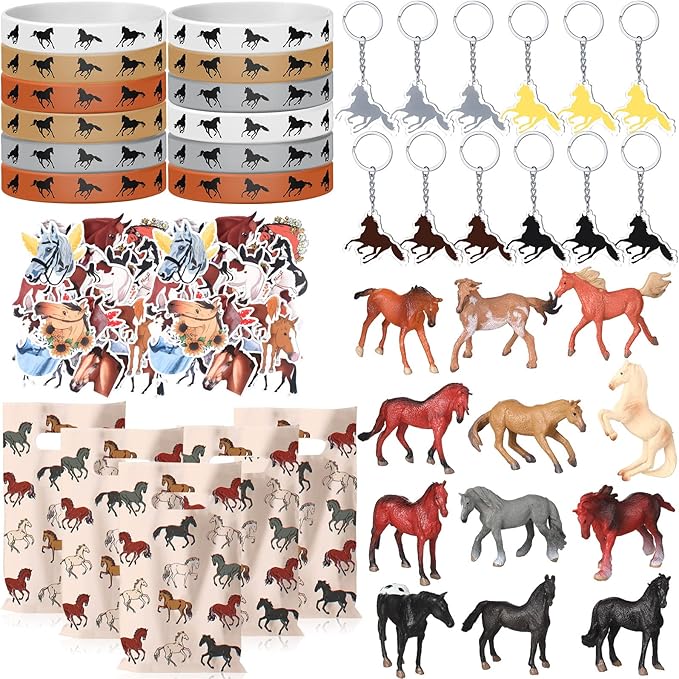 106 Pc Horse Party Favors Set - Supplies Include 20 Bags, 12 Silicone Bracelets, 12 Keychains, 12 Mini Toys & 50 Stickers for Horse Party
