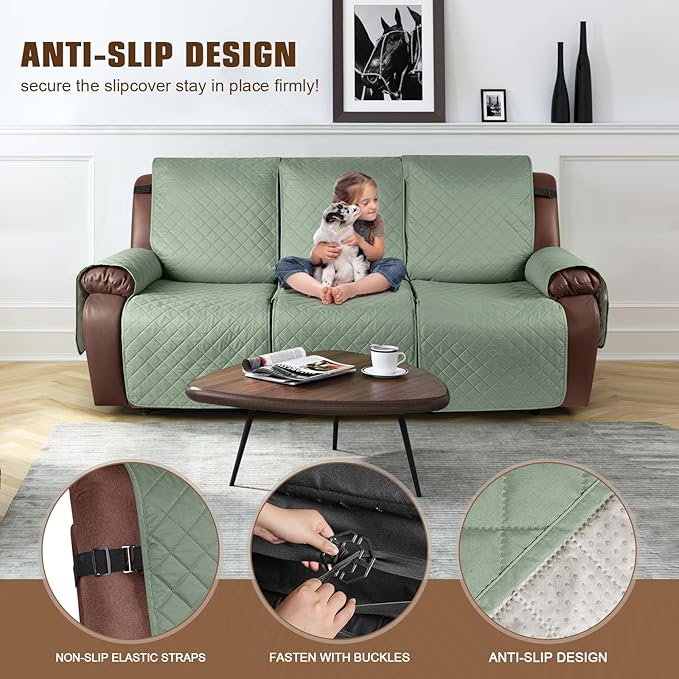 KinCam Waterproof Recliner Sofa Cover, Non-Slip Reclining Couch Covers for 3 Seat, Recliner Couch Cover Furniture Protector with Elastic Straps for Pets, Kids, Sage Green