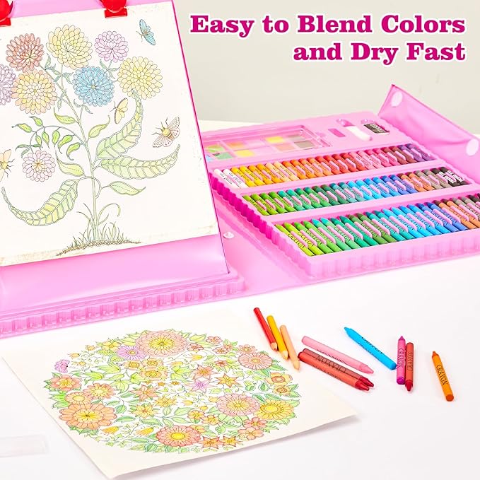 KINSPORY Art Supplies, 290 Pack Art Sets Crafts Drawing Coloring kit, Double-Side Trifold Easel, Oil Pastels, Crayons, Colored Pencils, Creative Gift for Beginners Artists Girls Boys Kids (Pink)