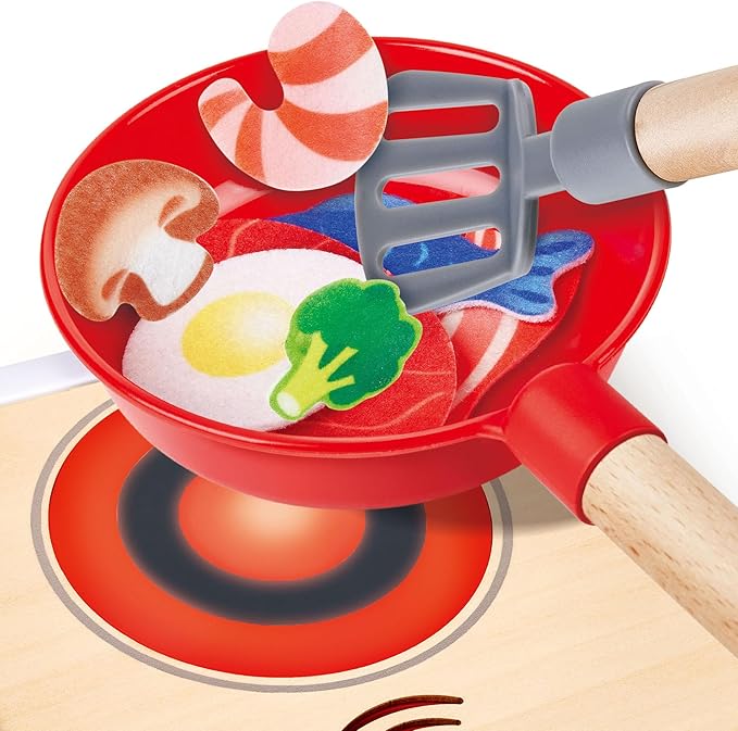 Hape: Interactive Stove Set - Light & Sound, Wooden Cooking Kitchen Play Set, 7pc Felt Food Accessories, Chef Realistic Pretend Play Toy, Kids Ages 3+