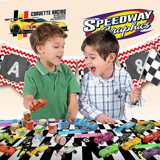 108PCS Race Car Party Favors Birthday Party Supplies includes Pull Back Car Finger Light Scratch Art Bookmark Slap Bracelet Race Car Themed Decorations Treasure Prize Box Toys for Boys Girls