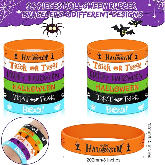 Seajan 48 Pcs Halloween Bracelets Set Party Favors 24 Luminous Silicone Bracelet Wristbands and 24 Halloween Slap Bracelets for Glow in the Dark Gifts Halloween Goodie Bag Stuffers Supplies
