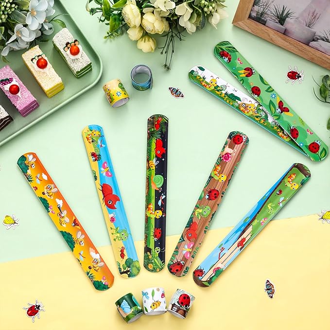 Serencatcher 48Pcs Bug Slap Bracelets, Bug Insect Party Favors Wristbands Bracelets with Ladybug Caterpillar Butterflies Snails Snap for Wild Insect Animal Birthday Party Decorations