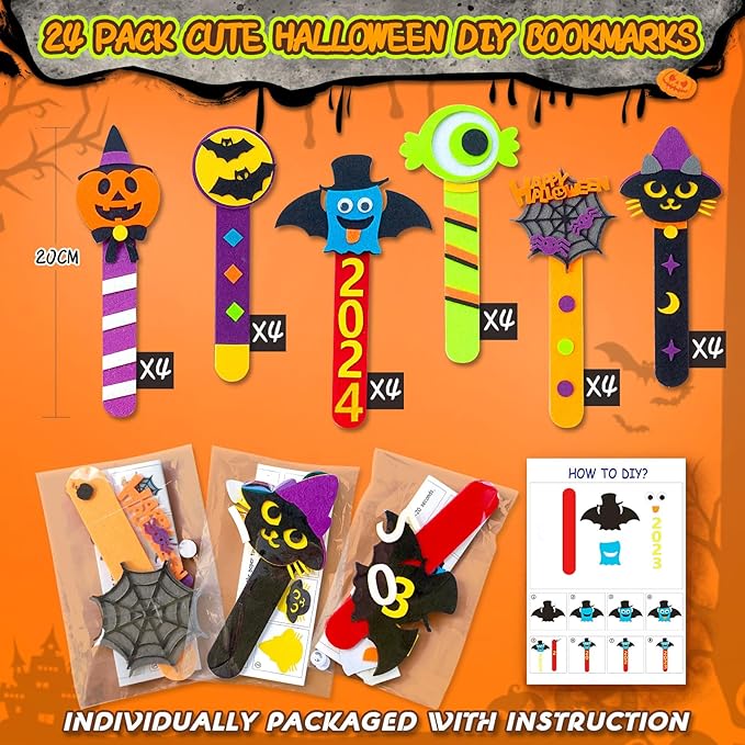 24 Piece Halloween Crafts for Kids Ages 4 8 12, Halloween DIY Bookmark Craft Bulk for Party Favors, Halloween Classroom Crafts Rewards Prizes for Students, Trick or Treat Goodie