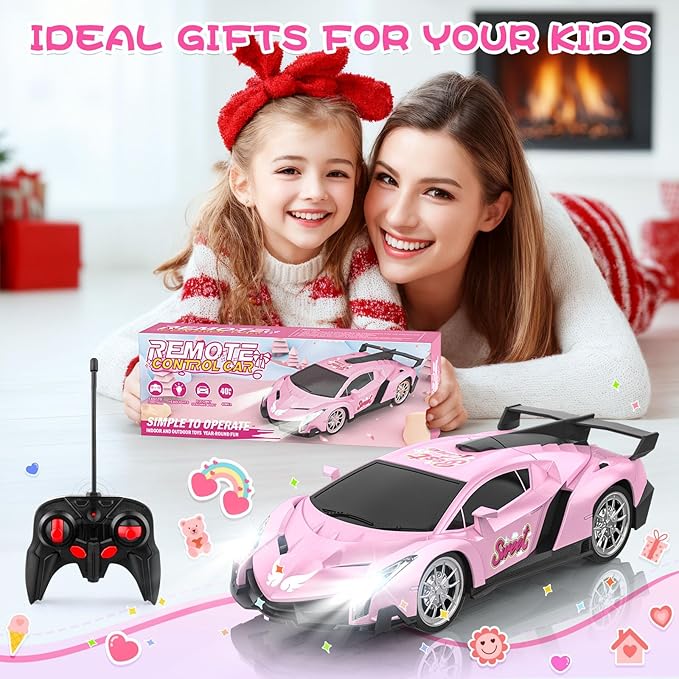 Growsland Remote Control Car for Girls, 1:18 Pink RC Cars Toys for Kids Girl Electric Vehicle Toy Car Hobby Racing Car with Lights & Controller, Birthday Gifts for Girl Boys Age 3 4 5 6 7 8 9 Year Old