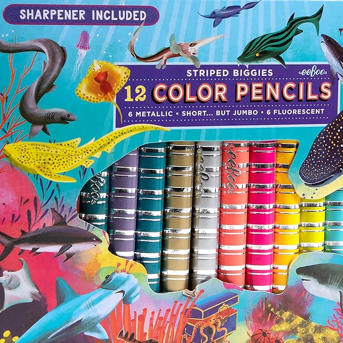 eeBoo: Striped Biggies 12 Color Pencils: Shark - 12pc Set w/ 6 Fluorescent & 6 Metallic Colors, Includes Sharpener, Art Supplies, Kids Ages 4+