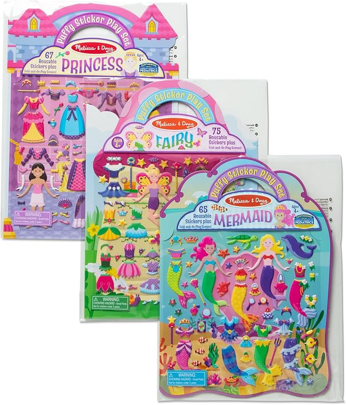 Melissa & Doug Puffy Sticker Activity Books Set: Princess, Mermaid, Fairy - 180+ Reusable Stickers - FSC Certified