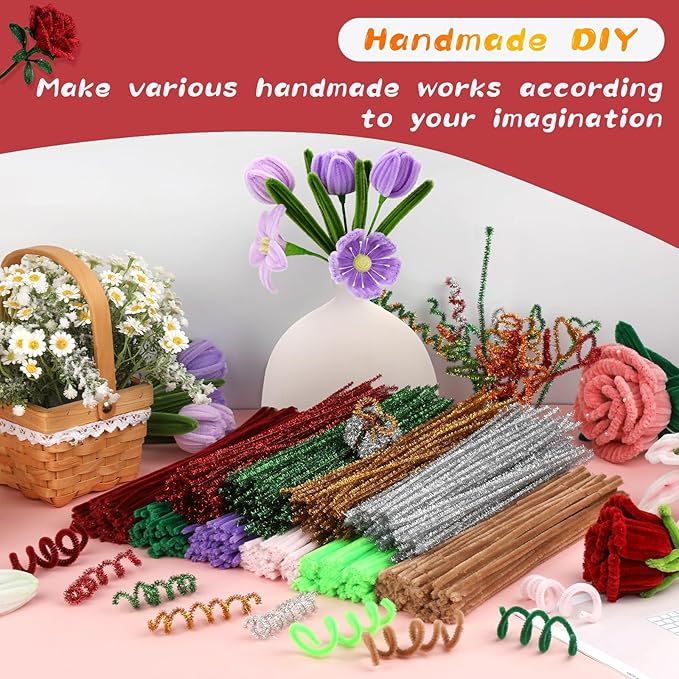 100Pcs Pipe Cleaners Craft, Glitter Pipe Cleaners Crafting Creative DIY Hand Craft Supplies for Festivals Decorations, Pipe Cleaners in Glitter Red