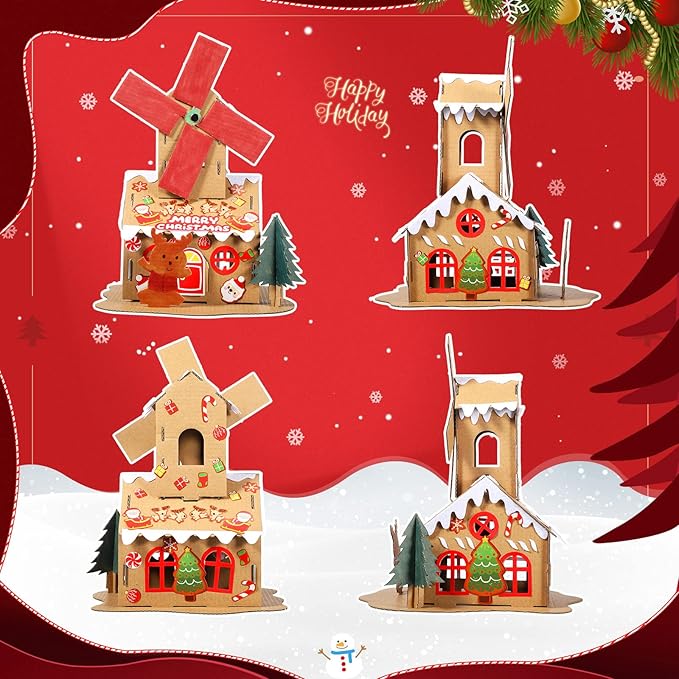 Sumind 3 Sets Christmas Gingerbread House Kit Small Xmas DIY Craft Kit Mini Christmas Cardboard Make-a-Gingerbread House Craft for Christmas Party Craft Holiday Supplies Decor(Lovely Style)