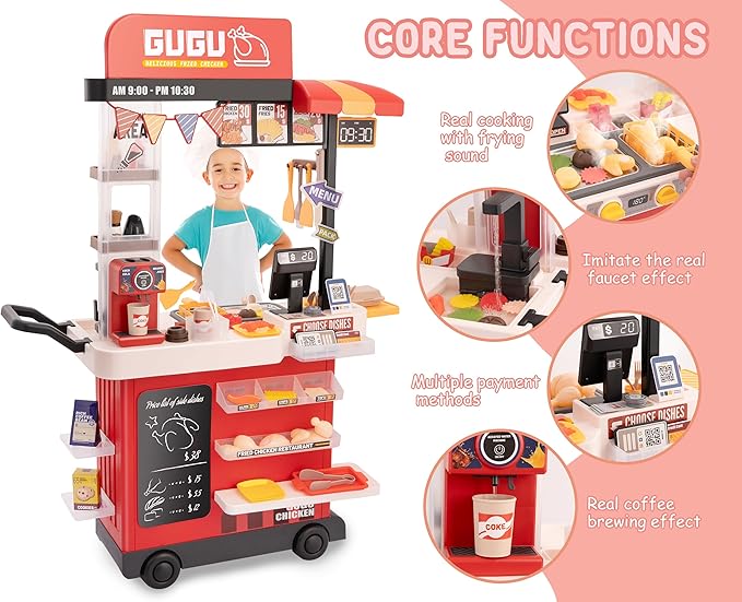 Kids Kitchen Play Set,Interactive Kids Kitchen Play Set with 82Pcs of Kitchen Toys,Realistic Sound Effects,and Simulated Functionality - Suitable for Toddlers (Red Kitchen Play Set)