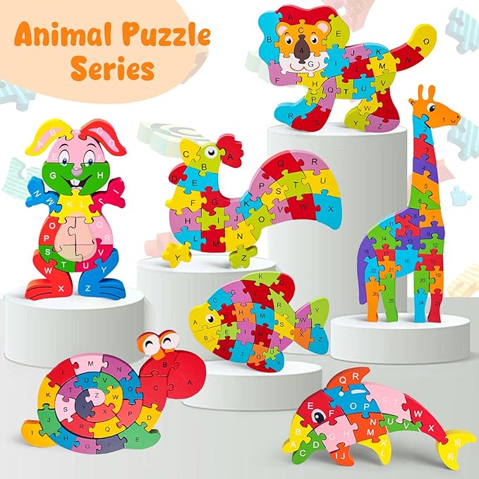 LovesTown Dolphin Wooden Puzzle, 26PCS Jigsaw Puzzle Alphabet and Number Blocks Wooden Building Blocks for Kid Toddlers Preschool