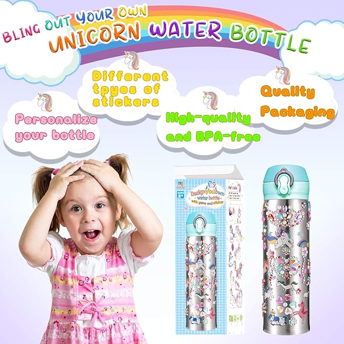 Y YOFUN Create Your Water Bottle with Tons of Rhinestone Gem Stickers - Craft Kit & DIY Art Set for Children, Gift for Girls - 17 OZ BPA Free Stainless Steel Vacuum Insulated Mug (Gemstone & Unicorn)