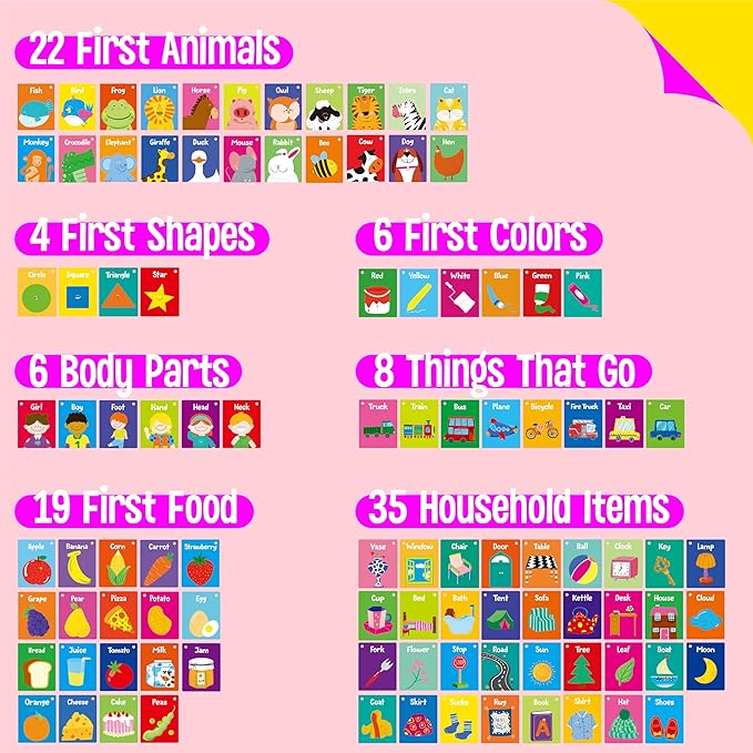 50 PCS First Word Flashcards, Double Sided Learning Cards Alphabet, Foods, Animals, Shapes, Colors, Vehicle, Body Parts with 2 Reclosable Rings, Learning Tool for Pre-K Kindergarten Toddlers