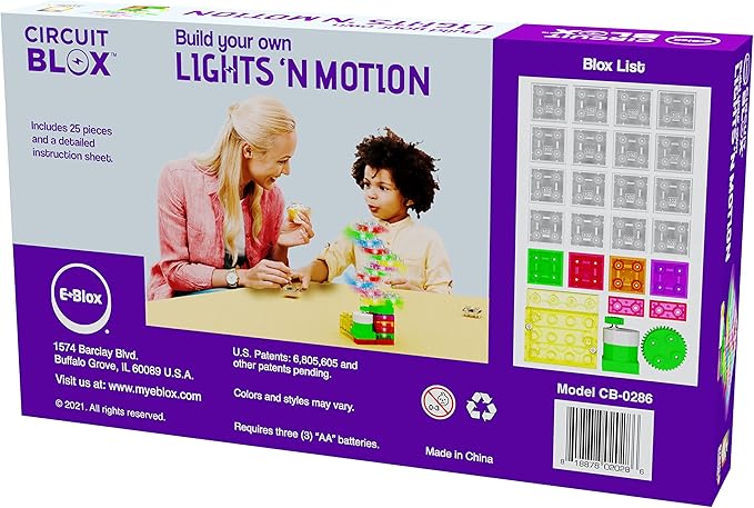 E-Blox Building Blocks STEM Circuit Kit, Build Your Own Lights ‘N Motion, Light & Rotating Capabilities, Infinite Science Creations, Birthday Gift, Boys, Girls, 5+