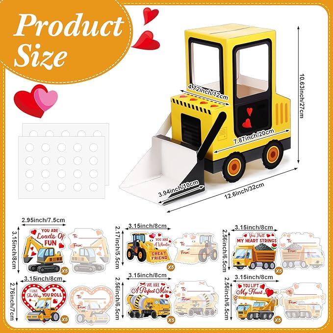 Pasimy DIY Valentines Day Mailbox with 33 Construction Vehicle Cards Valentines Day Crafts for Kids Bulldozer Mailbox for Classroom Exchange Party Activity Box Crafts for Kids Girls Boys