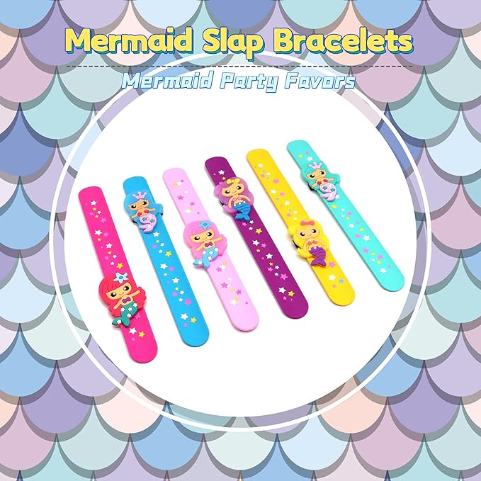Silicone Mermaid Slap Bracelets - Cute Mermaid Theme Birthday Party Favors , Girls Party Favors Gifts Carnival Prizes Set (6 Pack