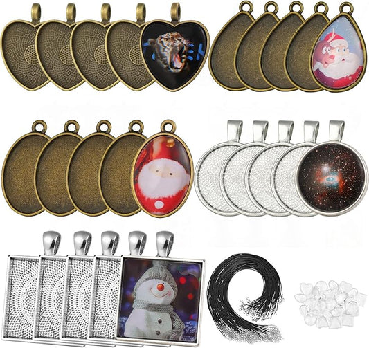 Bezel Pendant Trays Gold and Sliver, Rhinestone Bezel Pendants Trays for DIY Jewelry Craft Making, Picture Necklace Pendant Trays with Clear Glass Cabochons and Chains