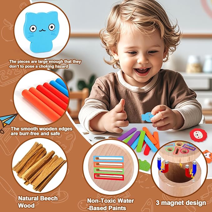 Mity rain Montessori Toys for 1 2 3+ Year Old, 3 in 1 Wooden Color Sorting Toys for Toddlers 1-3, Fine Motor Skills Educational Sensory Toys for Baby Kids