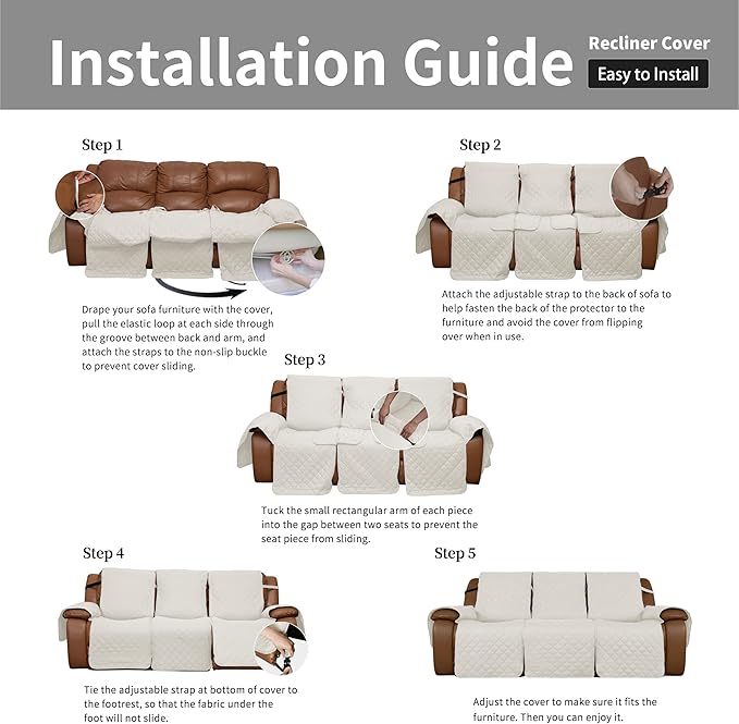 Easy-Going Oversized Recliner Sofa Cover, Reversible Couch Cover for 3 Seat Recliner, Split Sofa Cover for Each Seat with Elastic Straps for Kids, Dogs, Pets (3 Seater, Ivory/Ivory)
