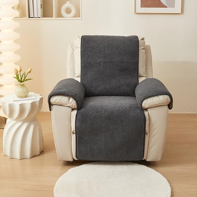 vctops Sherpa Fleece Recliner Chair Cover Super Soft Warm Plush Sofa Slipcover Furniture Protector Non Slip Washable Reclining Chair Cover for Kids, Pets (Dark Grey,22"x82")