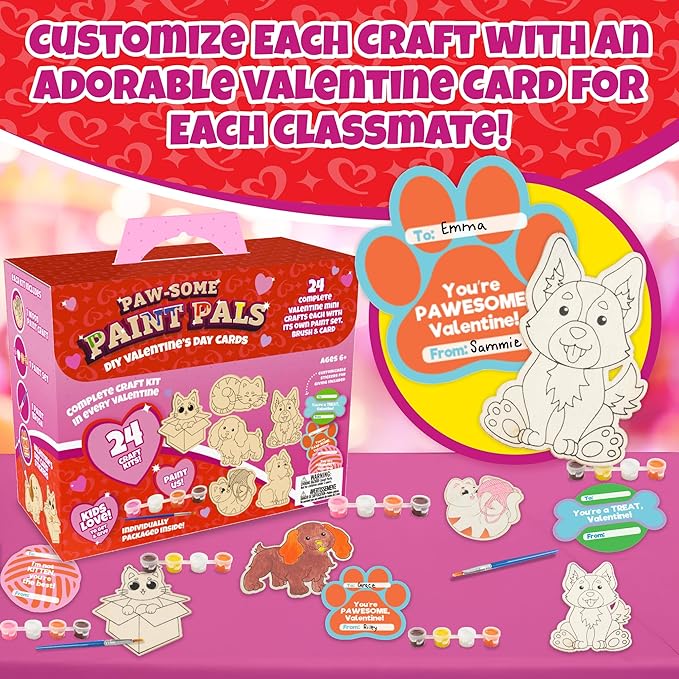 Set of 24 Valentines Cards for Kids Classroom -Valentine's Day Cats & Dogs Wood Painting Kits for Kids School -Each Valentines Gift Includes Complete Craft Kit & Card for Boys Girls Classroom Exchange