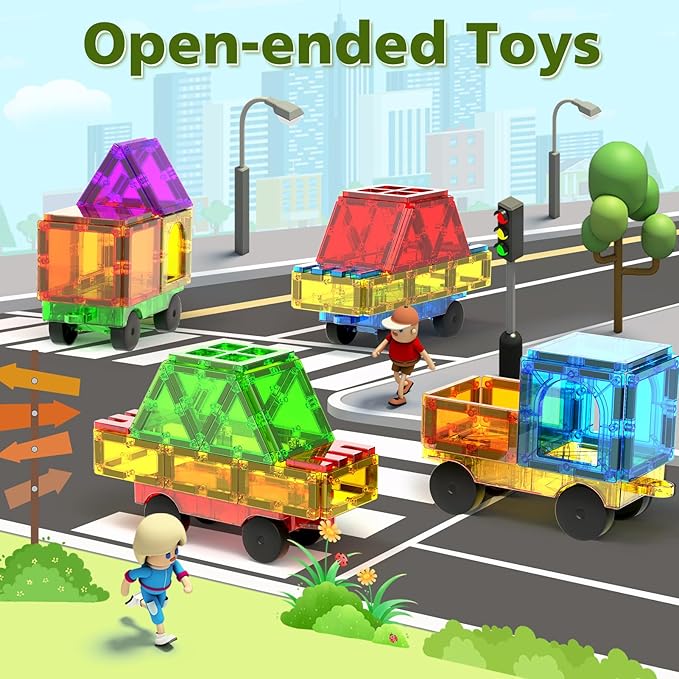 Magnetic Tiles Cars Construction Set, 4 PCS Magnetic Cars Magnetic Building Blocks Cars Toy for Kids Ages 4-8 3-5 Magnet Bricks Truck Kit Educational Sensory Toys Gifts for 3+ Year Old Boys & Girls