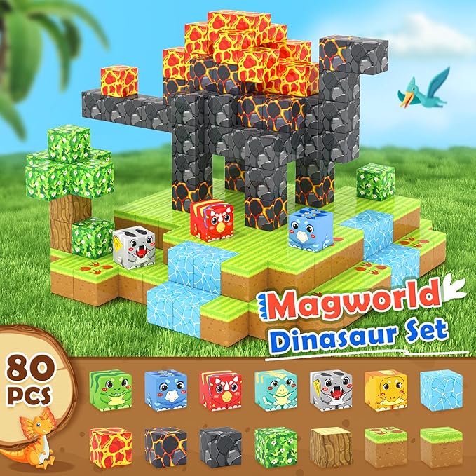 Magnetic Blocks Dinosaur Toys, Build Mine Magnet World Dinosaurs Set, Magnetic Tiles Building Toys for Boys & Girls Kids Ages 3-5 5-7, STEM Montessori Sensory Toys for Toddlers Gifts for 3+ Years Old