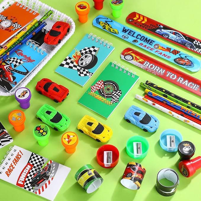 Shappy 84 Pcs Race Car Party Favors Racing Stationery Set Spiral Notebook Slap Bracelets Pencils Erasers Sharpeners Stampers Organza Bags for Racing Theme Classroom Prize Gift Birthday Party Supplies
