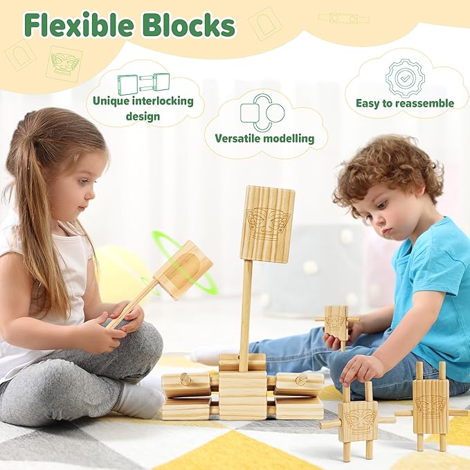 Stacking Blocks for Toddlers 1-3, Natural Wooden Blocks, 44 Pcs Stacking Building Block Toy Set, Early Learning Toys & Gifts for Kids, Montessori Toys with Canvas Storage Bag, Boys & Girls 12+ Months