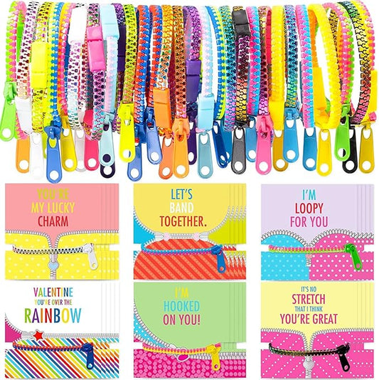OuMuaMua 30Pcs Valentines Day Cards Gift for Kids Classroom - Valentines Cards with Fidget Zipper Bracelets Toy for Kids Valentine’s Day Classroom Exchange Valentines Party Favors