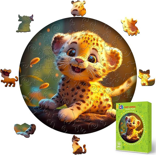 Wooden Jigsaw Puzzles for Kids Ages 4-6, 50 Piece Unique Shape Animal Theme Puzzle - Preschool Learning Educational Toys for Kids 3+, Valentines Day Birthday Easter Gifts for Kids Girls Boys (leopard)