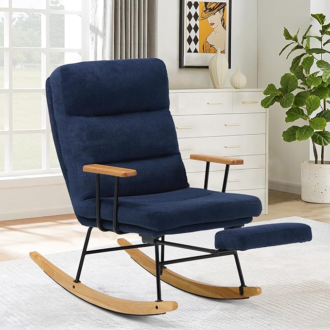 Rocking Chair with Footrest-Glider Rocker Chair with Retractable Footrest and Adjustable Backrest, Teddy Upholstered Rocking Chair Set of 2, Accent Chair for Living Room/Nursery/Bedroom/Outdoor-Blue