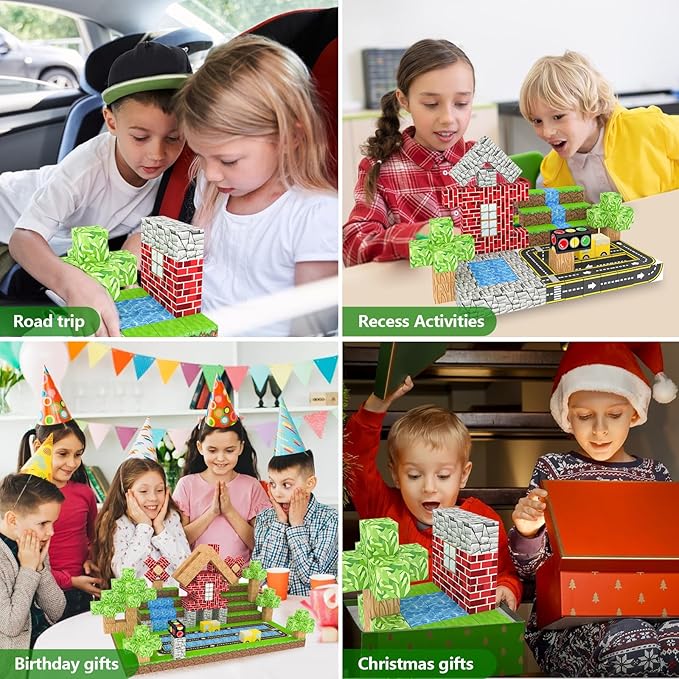 100PCS Magnetic Building Blocks for Kids Ages 4-8,Magnet STEM Sensory Toys- Mine World Build Set,Tiles Road Track,Christmas Birthday Gifts Toy
