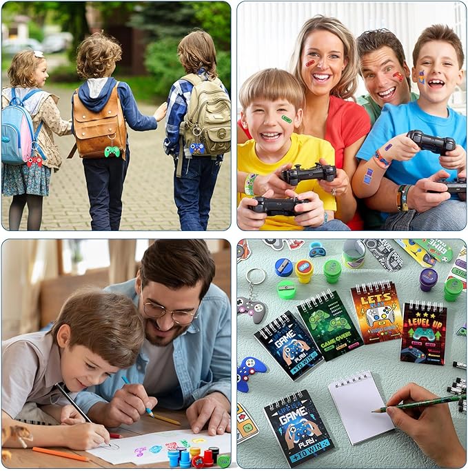 171 Pcs Video Game Party Favors Set Includes Gift Bags Pencils Notebook Sharpener Slap Bracelets Rings Keychains Tattoo Gaming Stickers Stamper Gamer Party Favors for Kids Gamer Birthday