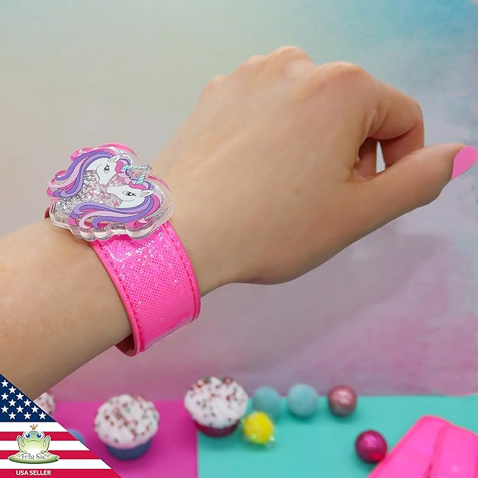 FROG SAC Unicorn Slap Bracelet for Kids with Glitter Shaker Charm, Unicorn Charms Glitter Snap Bracelets for Girls, Unicorn Toy Wristbands, Girl Birthday Party Favors, Stocking Stuffers