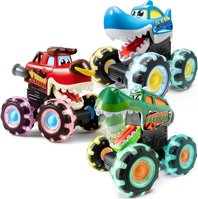 JOYIN 3 Pack Monster Truck Toy - Motion Activated Light-Up Cars for Toddlers - Monster Treads Lightning Wheels - Baby Toy Present - Press & Go Cars for Boys Girls