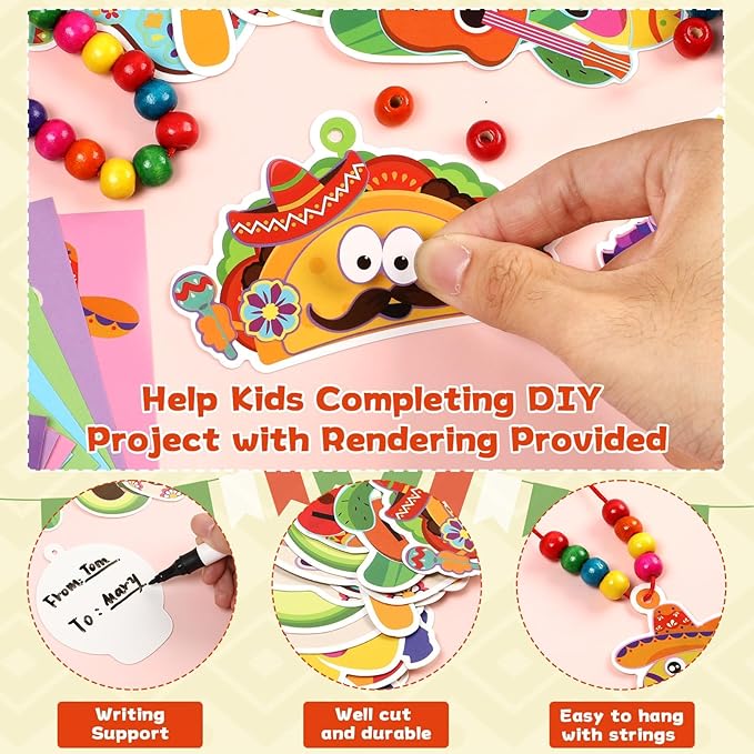 Qyeahkj Mexican Fiesta Craft Kit for Kids - 32 Pack DIY Necklaces, Taco Stickers, Arts Hanging Decoration, Party Supplies Favor, Ideal for Classroom Activities & Gift Exchange