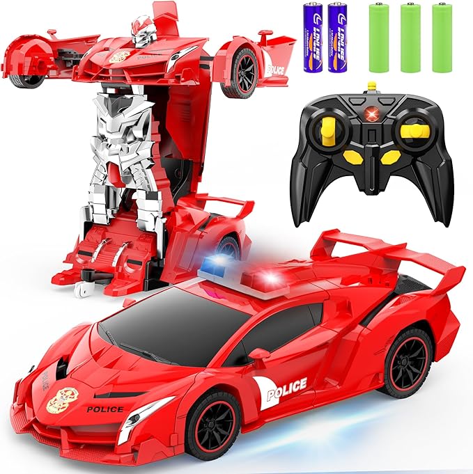 FDJ Transform Remote Control Car Robot, One Button Deformation to Robot with Flashing Light, 2.4Ghz 1:18 Scale Transforming Police Car Kids Toys with 360 Degree Rotating Drifting, Toys for Boys Girls