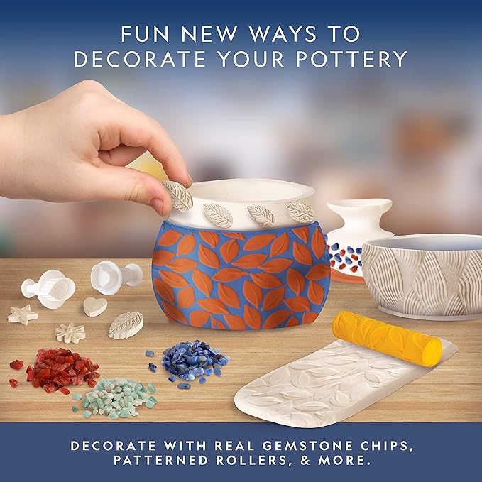 National Geographic Pottery Wheel Refill Kit – 2 lbs. Air Dry Clay, 30 Pottery Tools & Accessories, Gemstone Chips, Sculpting Clay Tools, 7 Paints & More, Great Craft Kit for Kids