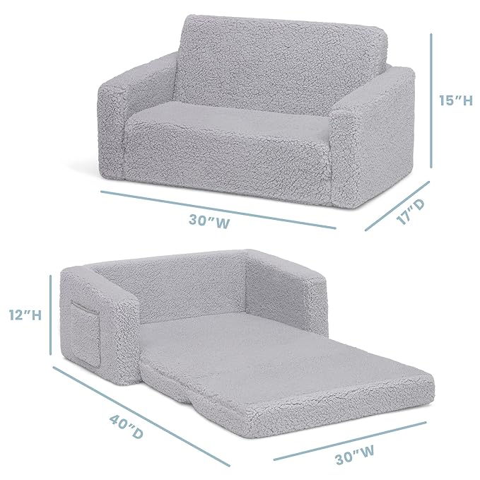 Delta Children Cozee Flip-Out Sherpa 2-in-1 Convertible Sofa to Lounger for Kids, Grey