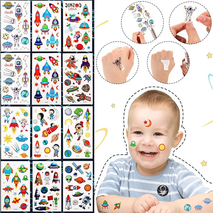 84 Pcs Outer Space Party Favors Space Birthday Decorations Space Tattoos Space Slap Bracelet Astronaut Pendants Badges Keychains Thank You Cards Gift Bags for Boy Kids Galaxy Birthday Party Supplies