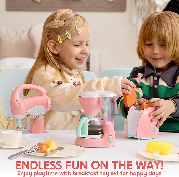 Joyin Play Kitchen Toys, Pretend Play Kitchen Appliances Toy Set with Coffee Maker, Mixer, Toaster with Realistic Lights& Sounds, Birthday Gift for Kids Ages 3+, Pink